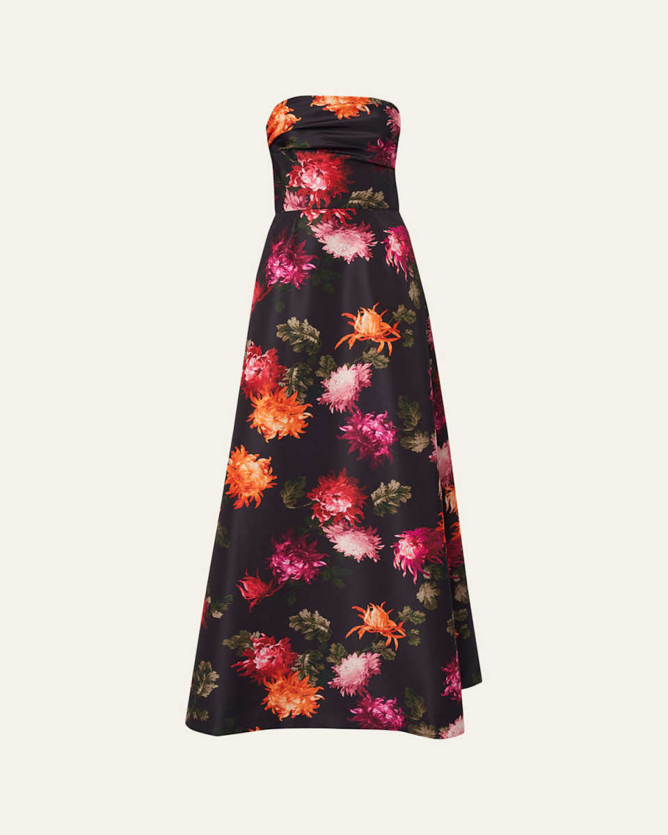 Floral-Print Strapless A-Line Gown